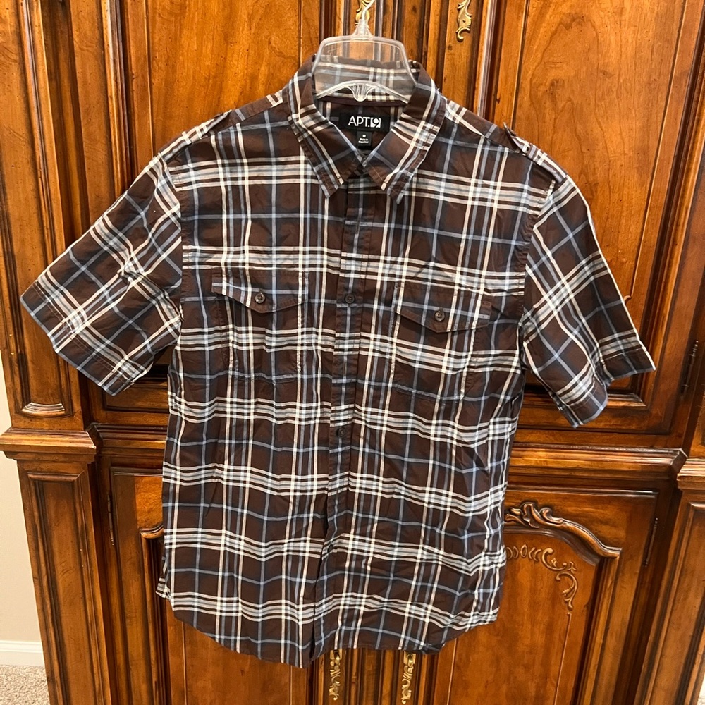 Apt. 9 Men's Brown and Blue Short Sleeve Plaid Shirt Like NEW Condition